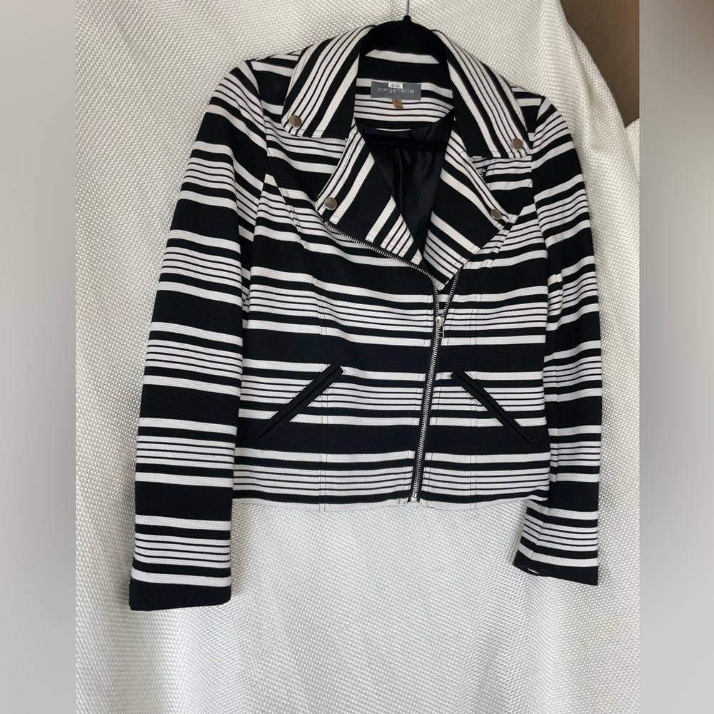 Black and White stripe Bagatelle zip up motto style jacket Silver hardware Small